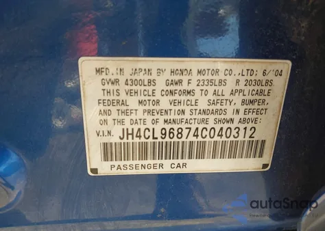 2004 Acura Tsx from USA, damaged, VIN JH4CL96874C040312